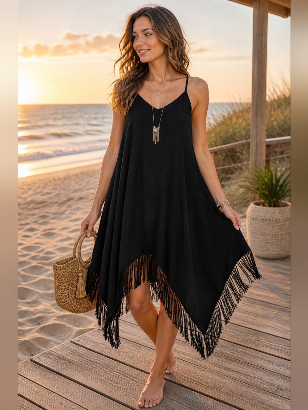 Entro Black Fringe Hem Dress L Boho Swing Sleeveless Festival